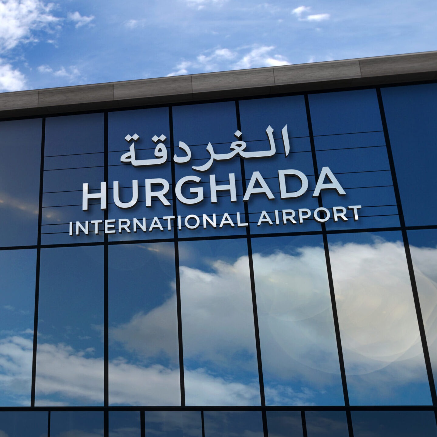 Front Page airplane landing at hurghada egypt airport mirrored in terminal